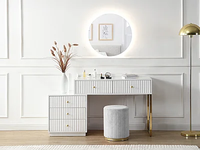 Dressing table with mirror - 5 drawers - white and gold - PEROLIA
