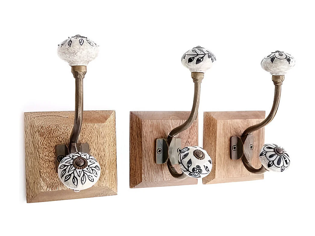 Patère en bois de manguier et céramique 1 crochet (Lot de 3)