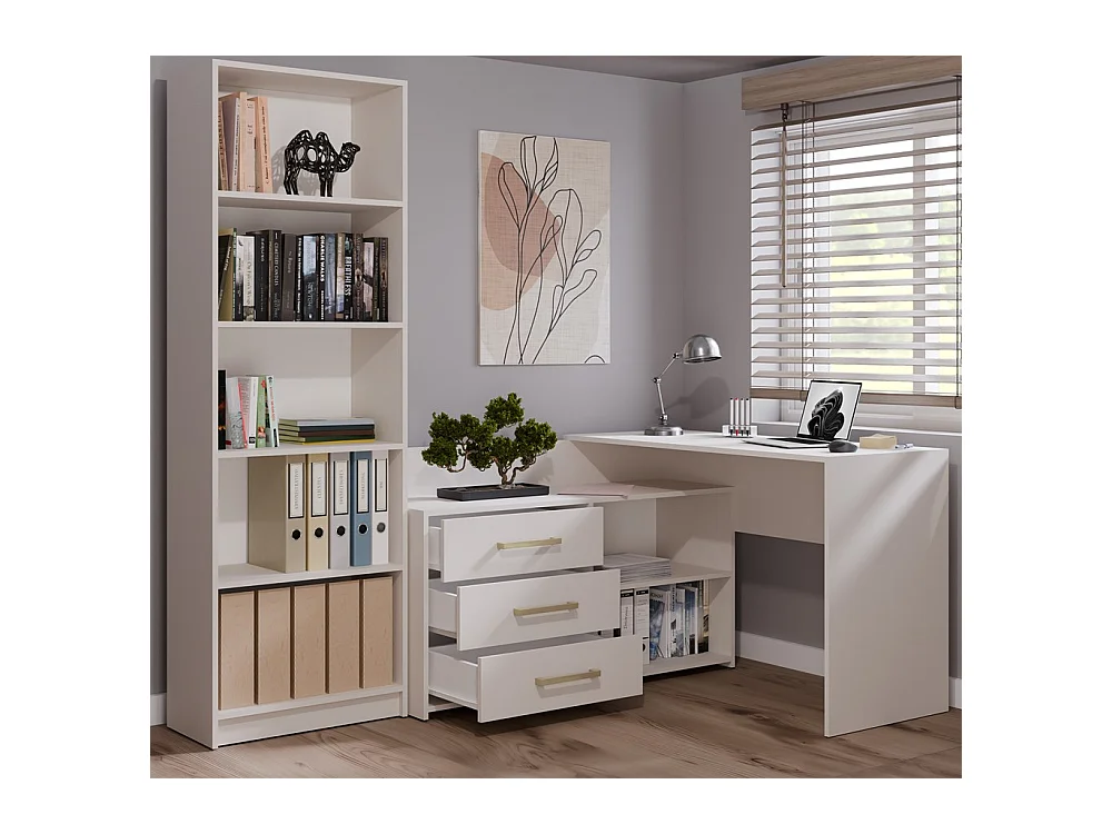 MOLINE - Bureau d'angle avec rangement - 3 tiroirs + 2 etagères - 120x50x76 cm - Bureau d'ordinateur - Beige