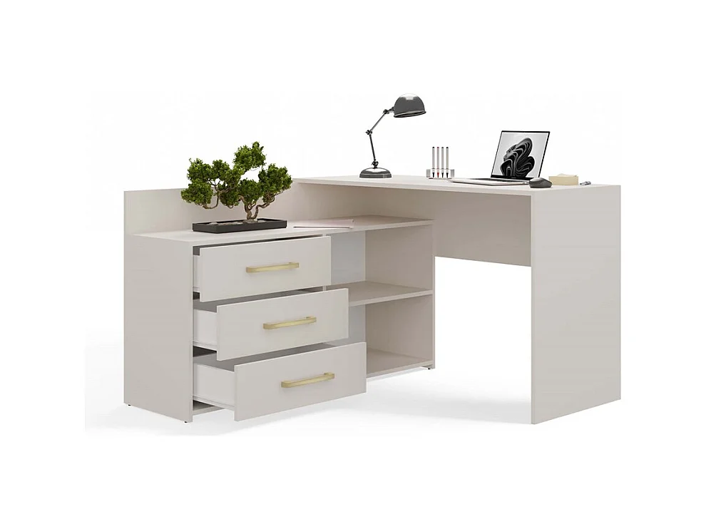 MOLINE - Hoekbureau met opbergruimte - 3 lades + 2 planken - 120x50x76 cm - Computerbureau - Beige