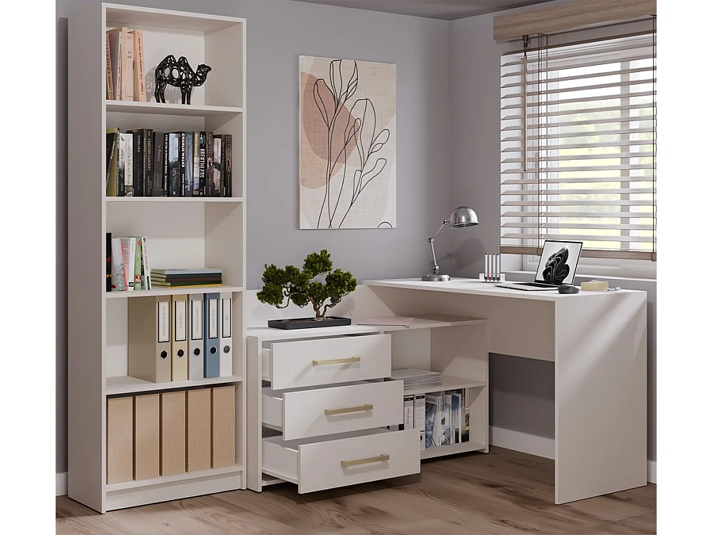 MOLINE - Bureau d'angle avec rangement - 3 tiroirs + 2 etagères - 120x50x76 cm - Bureau d'ordinateur - Beige
