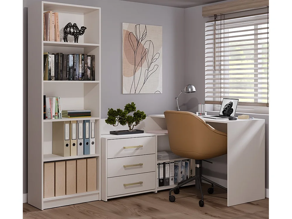 MOLINE - Bureau d'angle avec rangement - 3 tiroirs + 2 etagères - 120x50x76 cm - Bureau d'ordinateur - Beige
