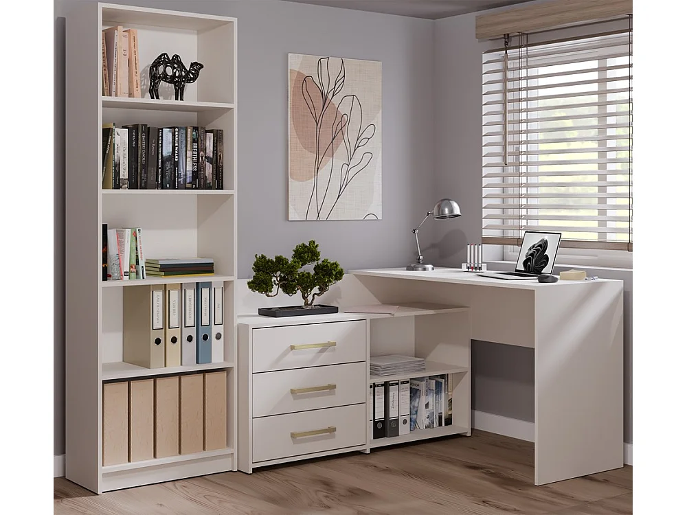 MOLINE - Bureau d'angle avec rangement - 3 tiroirs + 2 etagères - 120x50x76 cm - Bureau d'ordinateur - Beige