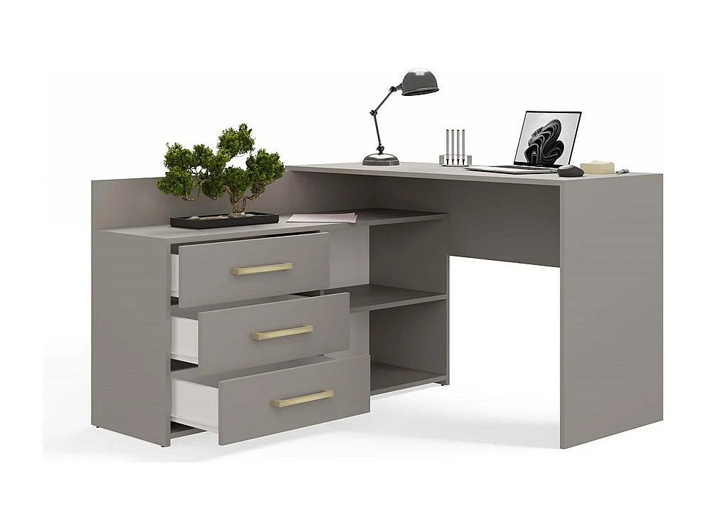 MOLINE - Bureau d'angle avec rangement - 3 tiroirs + 2 etagères - 120x50x76 cm - Bureau d'ordinateur - Gris