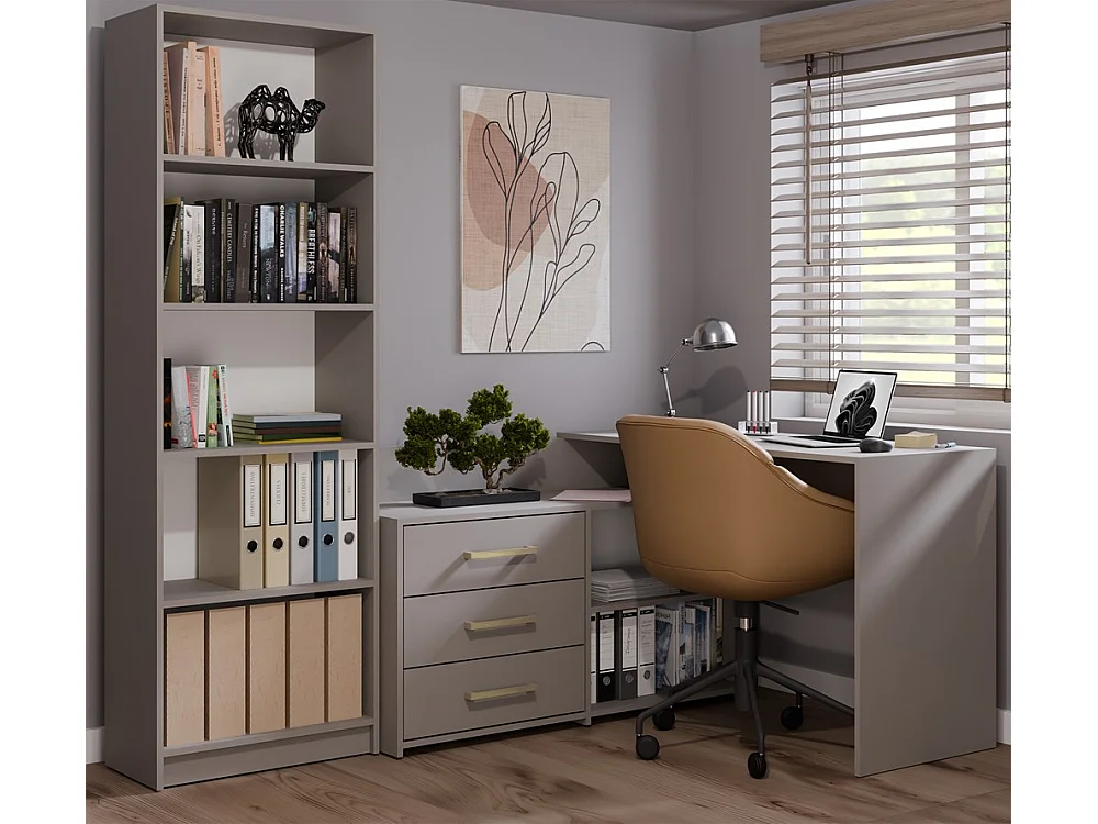 MOLINE - Bureau d'angle avec rangement - 3 tiroirs + 2 etagères - 120x50x76 cm - Bureau d'ordinateur - Gris