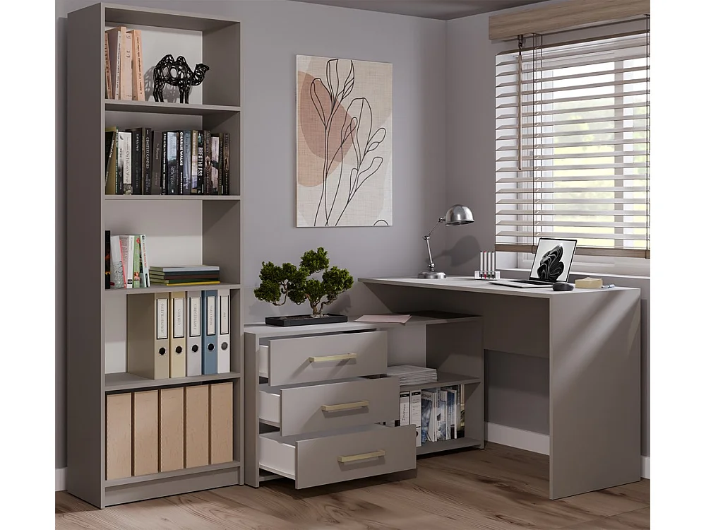 MOLINE - Bureau d'angle avec rangement - 3 tiroirs + 2 etagères - 120x50x76 cm - Bureau d'ordinateur - Gris