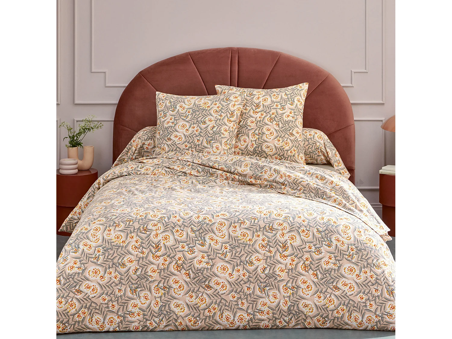 Parure de lit 200x200 cm 65x65 flanelle LILY gris orange 3 pièces