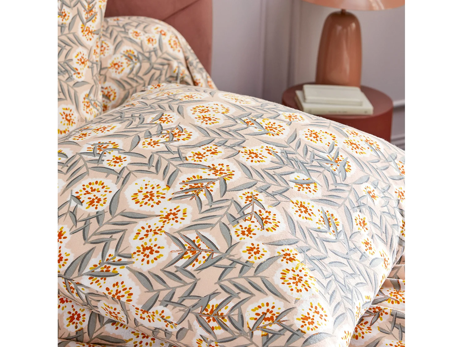 Parure de lit 240x220 cm 65x65 flanelle LILY gris orange 3 pièces