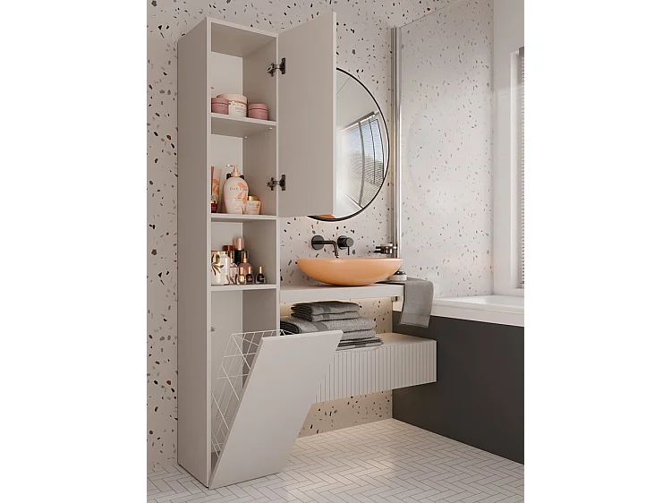 HORTI - Meuble salle de bain avec panier à linge - 31x30x174 cm - Colonne rangement SDB - Beige