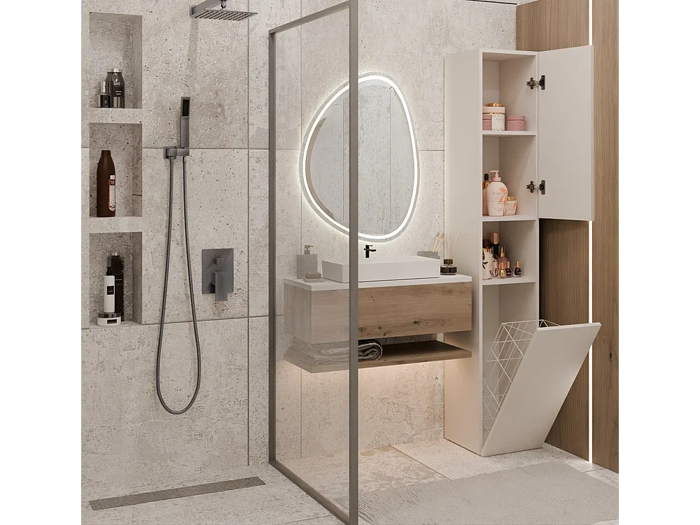 HORTI - Meuble salle de bain avec panier à linge - 31x30x174 cm - Colonne rangement SDB - Beige