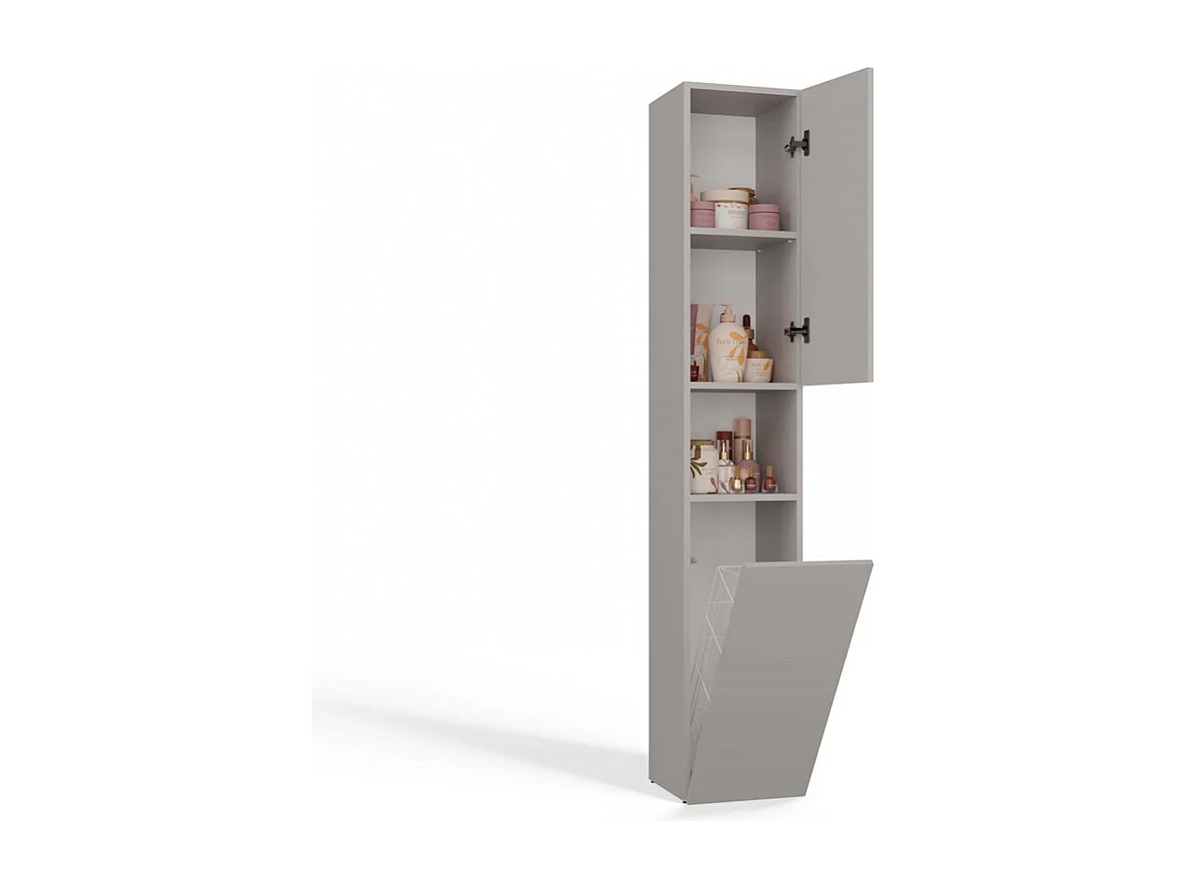 CDF Bad-Hochschrank NEL LLL | Farbe: Beige | Modernes Badregal | Stauraumschrank | Geräumige Einlegeböden | Türen | Einfache Montage | Stilvolle Griffe | Wäschekorb