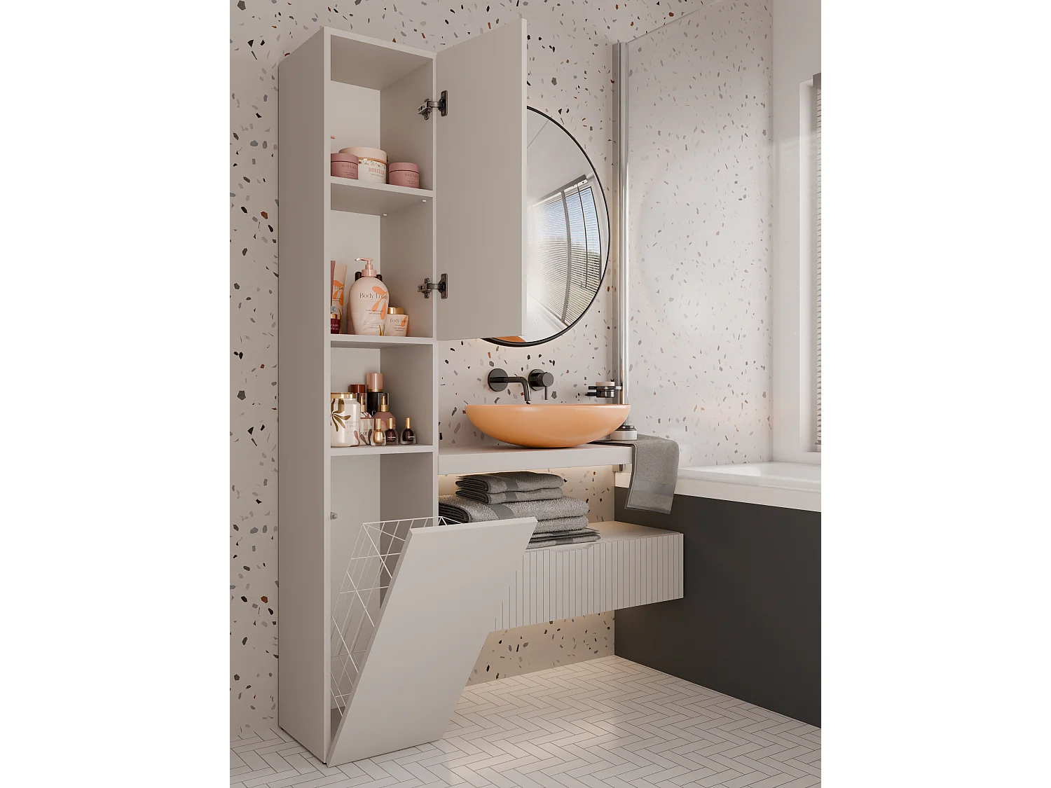 CDF Bad-Hochschrank NEL LLL | Farbe: Beige | Modernes Badregal | Stauraumschrank | Geräumige Einlegeböden | Türen | Einfache Montage | Stilvolle Griffe | Wäschekorb