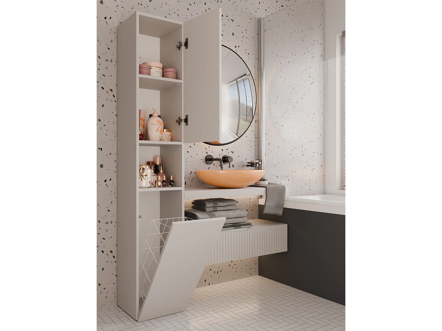 CDF Bad-Hochschrank NEL LLL | Farbe: Beige | Modernes Badregal | Stauraumschrank | Geräumige Einlegeböden | Türen | Einfache Montage | Stilvolle Griffe | Wäschekorb