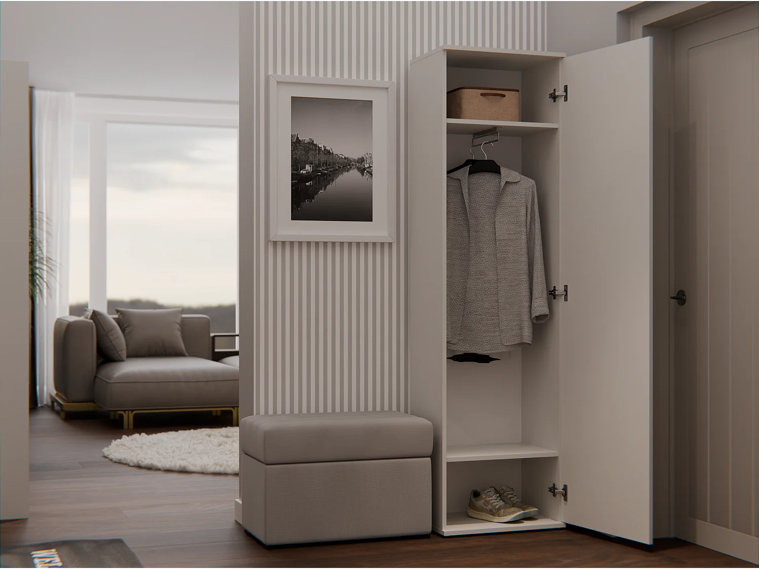 ATARA - Armoire d’entrée avec grand miroir - 180x50x35 cm - 2 étagères + penderie - Meuble d’entrée - Beige