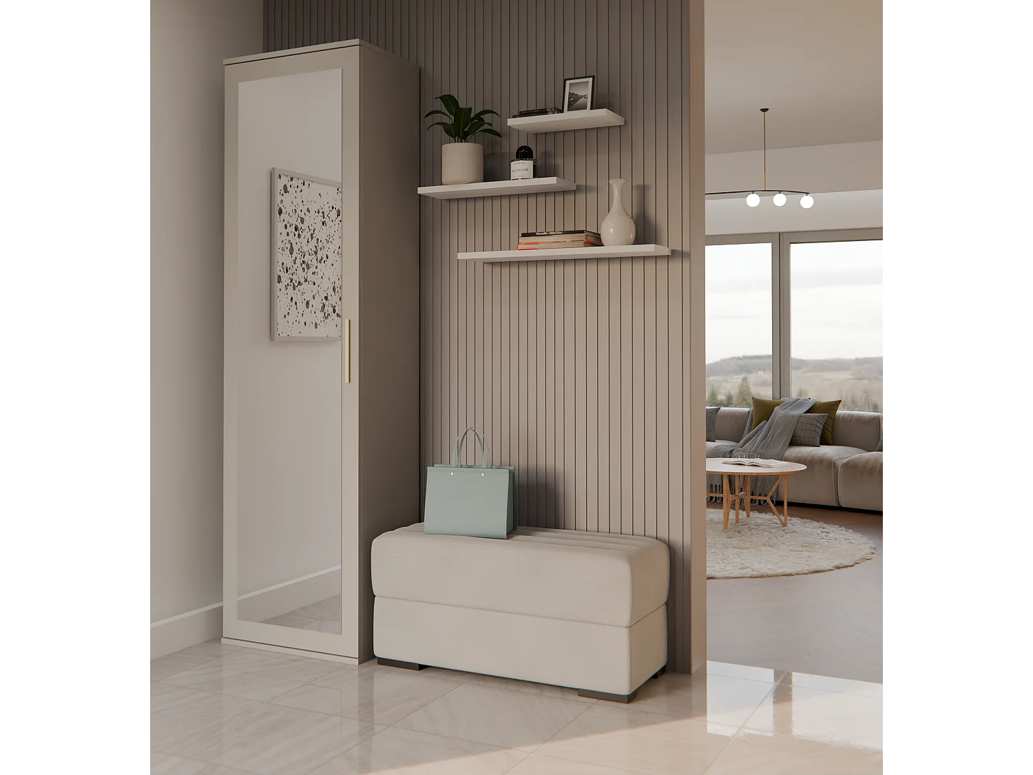 ATARA - Armoire d’entrée avec grand miroir - 180x50x35 cm - 2 étagères + penderie - Meuble d’entrée - Beige