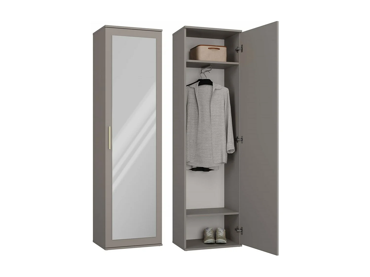 ATARA - Armoire d’entrée avec grand miroir - 180x50x35 cm - 2 étagères + penderie - Meuble d’entrée - Gris