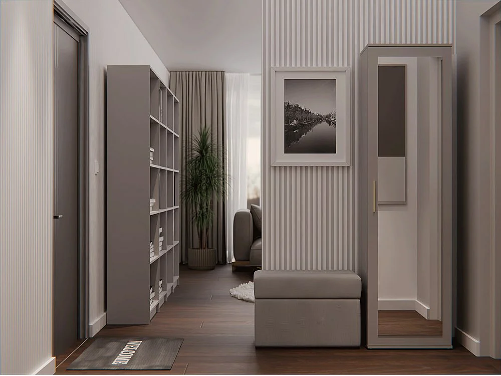 ATARA - Armoire d’entrée avec grand miroir - 180x50x35 cm - 2 étagères + penderie - Meuble d’entrée - Gris