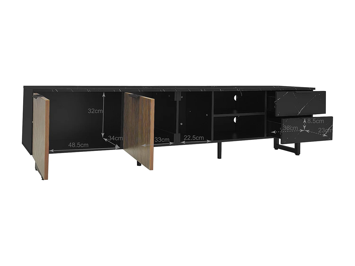 Mobile TV da 200 cm, finitura in marmo nero, ante in legno scuro, illuminazione LED regolabile, 2 ante, 2 cassetti