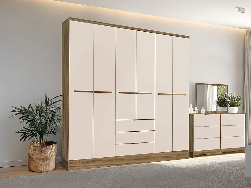 Kleiderschrank mit 6 Türen & 3 Schubladen - 180 cm - Beige & Holzfarben - PEROLI