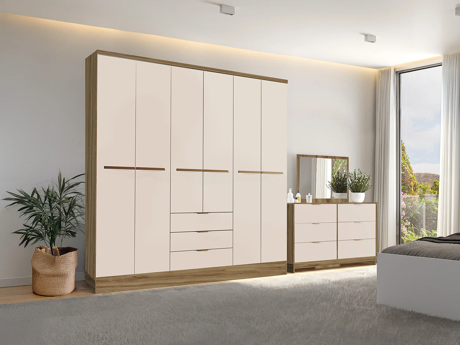 Armoire 6 portes et 3 tiroirs - L180 cm - Coloris : Beige et naturel - PEROLI