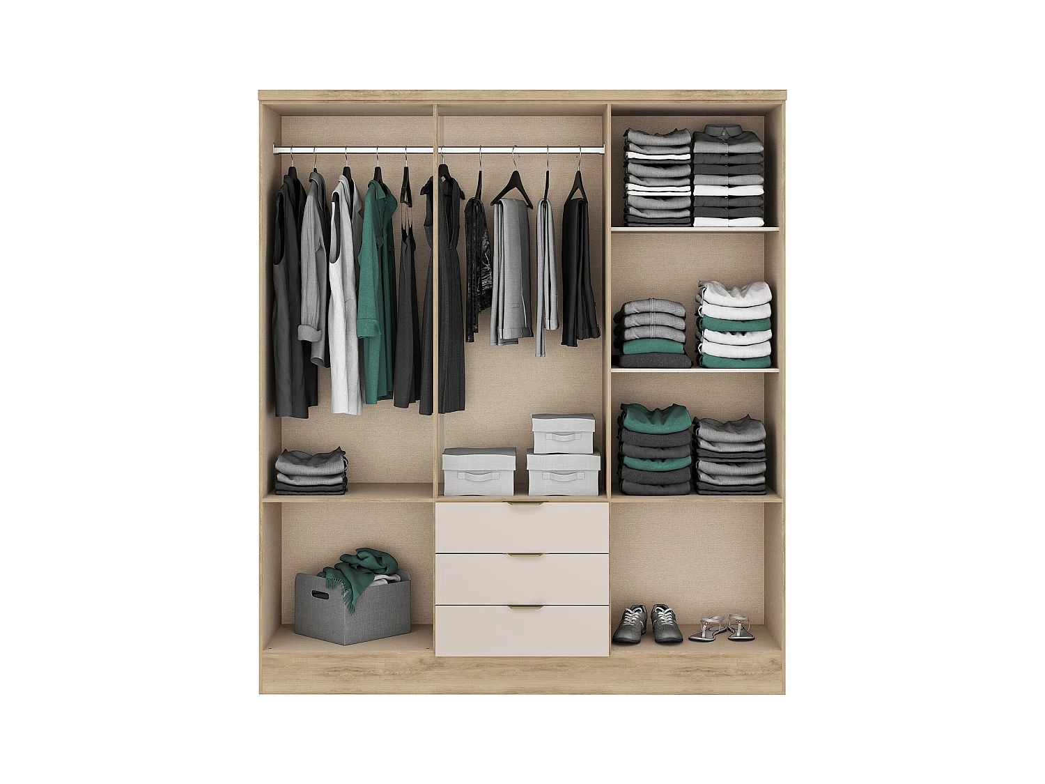 Kleiderschrank mit 6 Türen & 3 Schubladen - 180 cm - Beige & Holzfarben - PEROLI
