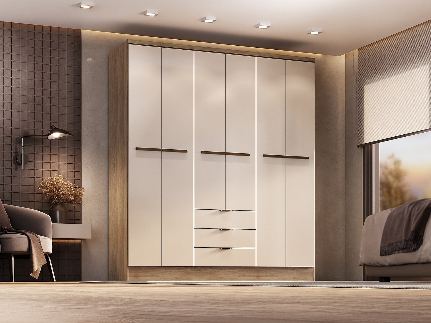 Vente-unique Kleiderschrank mit 6 Türen & 3 Schubladen - 180 cm - Beige & Holzfarben - PEROLI 14725203