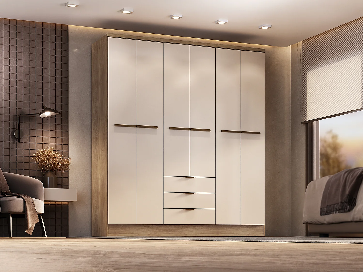 Armoire 6 portes et 3 tiroirs - L180 cm - Coloris : Beige et naturel - PEROLI