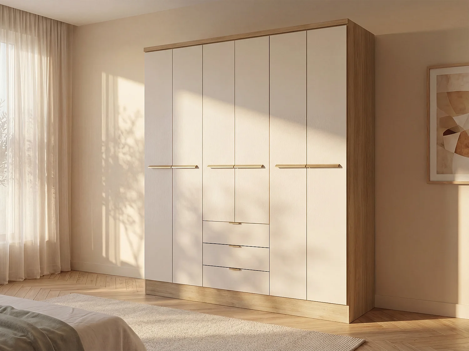 Guarda-roupa 6 portas e 3 gavetas, C180 cm, cor bege e natural - PEROLI
