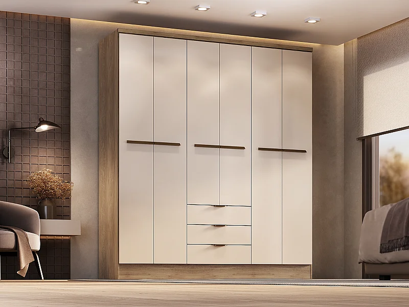 Armoire 6 portes et 3 tiroirs - L180 cm - Coloris : Beige et naturel - PEROLI