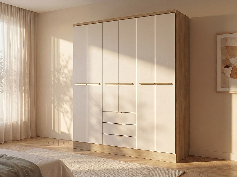 Armoire 6 portes et 3 tiroirs L180 cm en beige et naturel - PEROLI