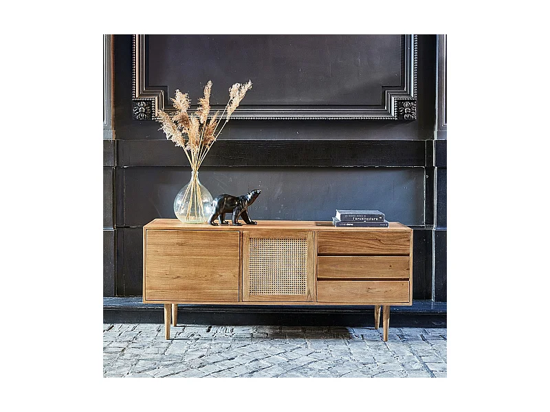 Cassettiera in mindi massello e cannage 175 cm