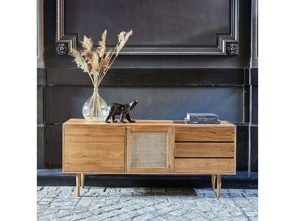 Cassettiera in mindi massello e cannage 175 cm