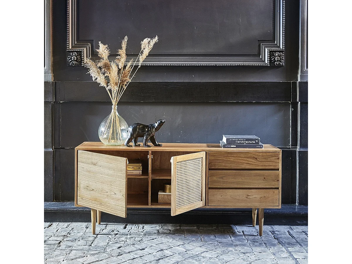 Cassettiera in mindi massello e cannage 175 cm