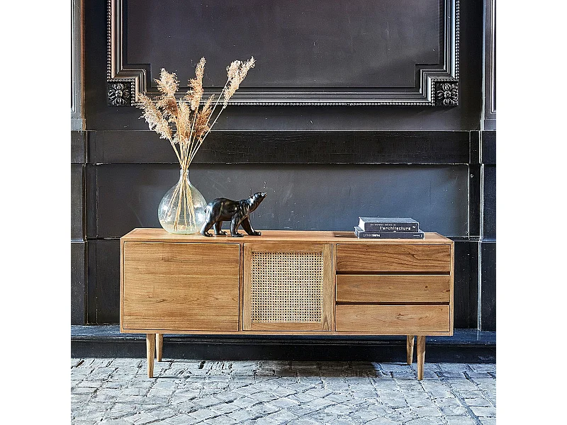 Cassettiera in mindi massello e cannage 175 cm