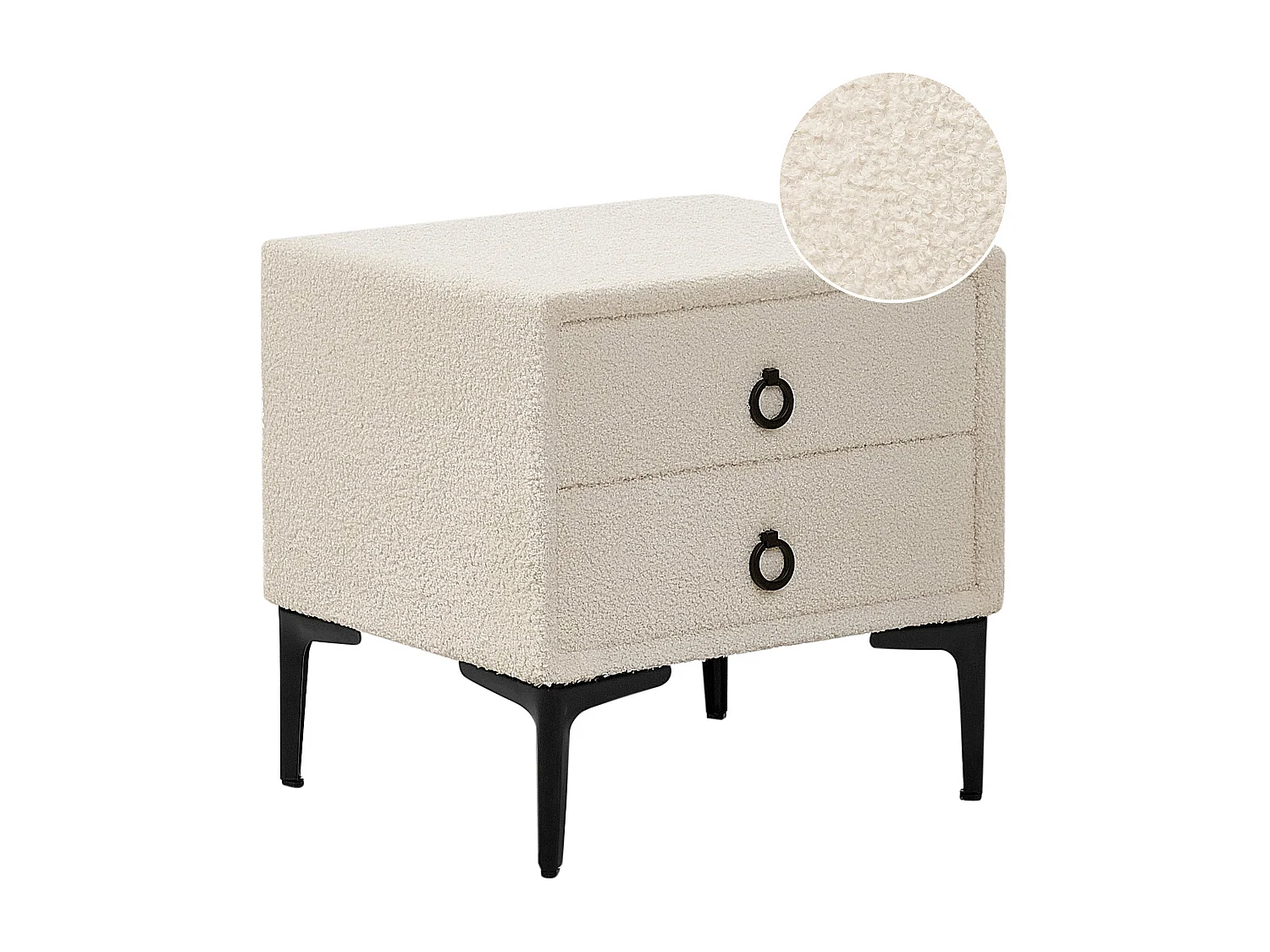 Nachttisch Bouclé creme weiß 2 Schubladen schwarze Metallbeine modern Sezanne