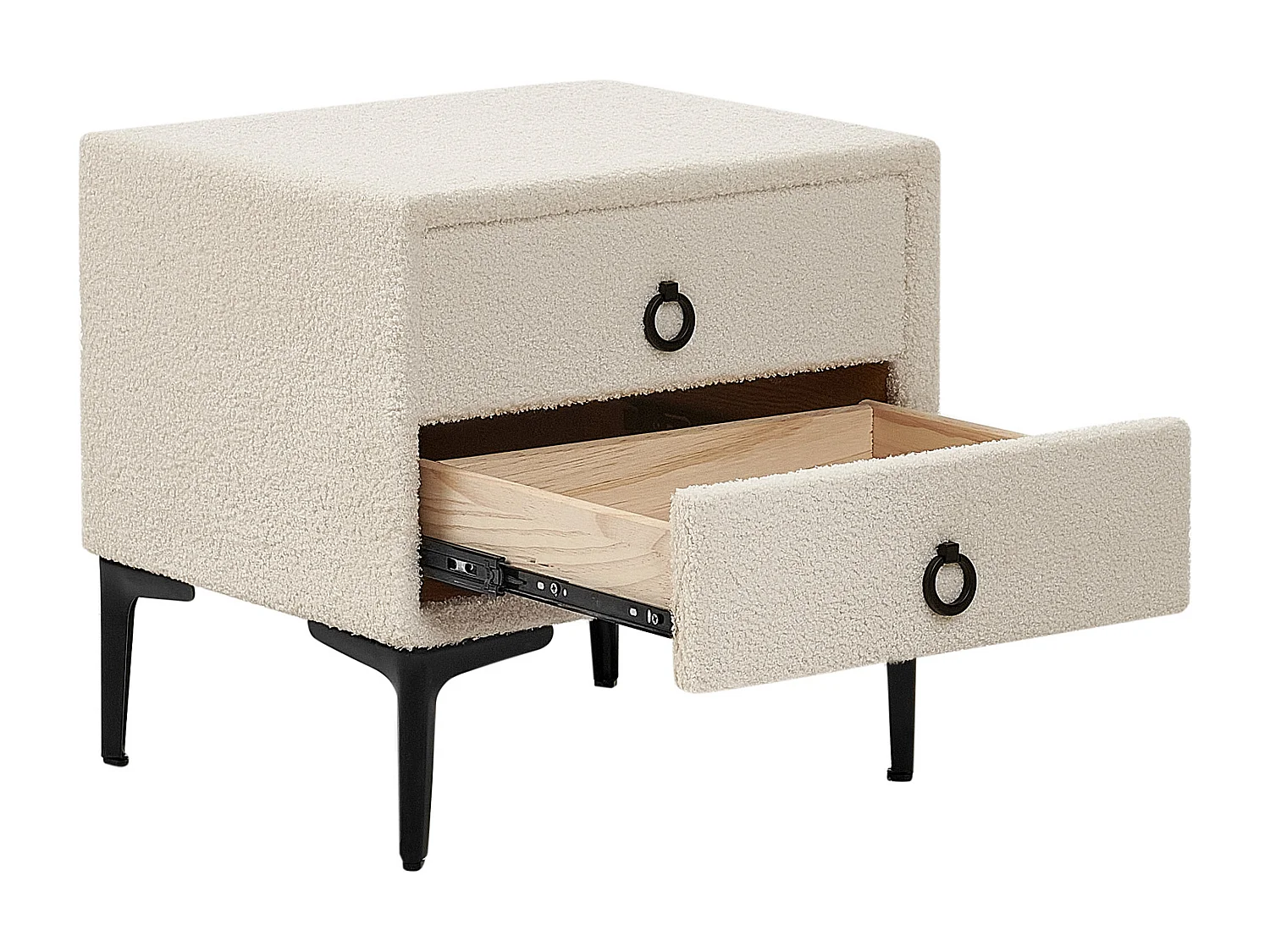 Nachttisch Bouclé creme weiß 2 Schubladen schwarze Metallbeine modern Sezanne