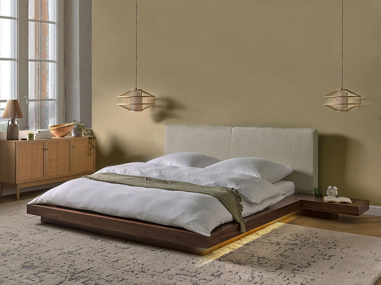 Bed with LED Boucle ZEN 160 x 200 cm (EU King Size) LED Brown Ash Wood