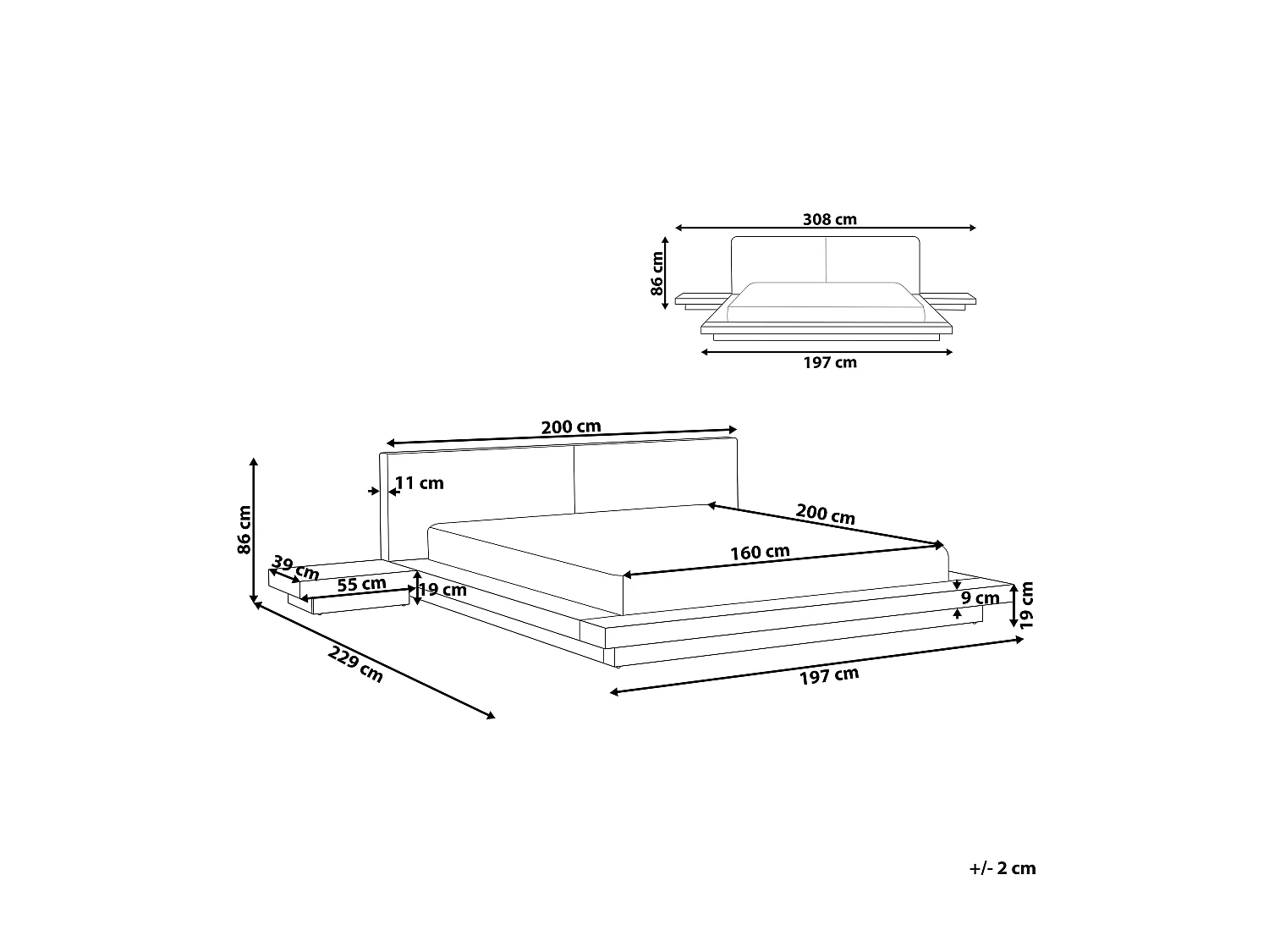 LED Bett Bouclé Holzoptik braun mit 2 Nachttischen Lattenrost 160x200 cm Zen