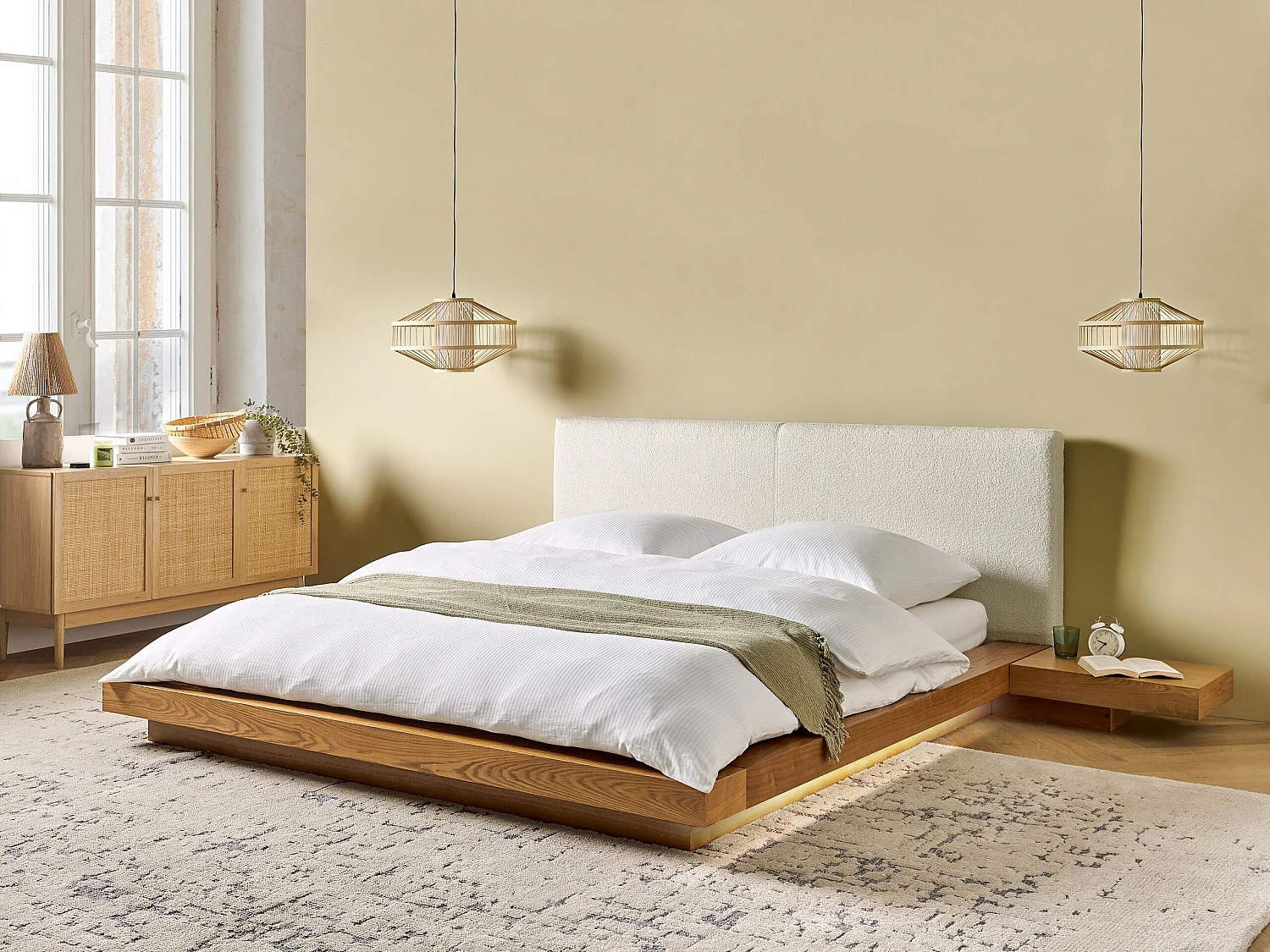 Cama LED Bouclé ZEN 160 x 200 cm LED Fresno natural