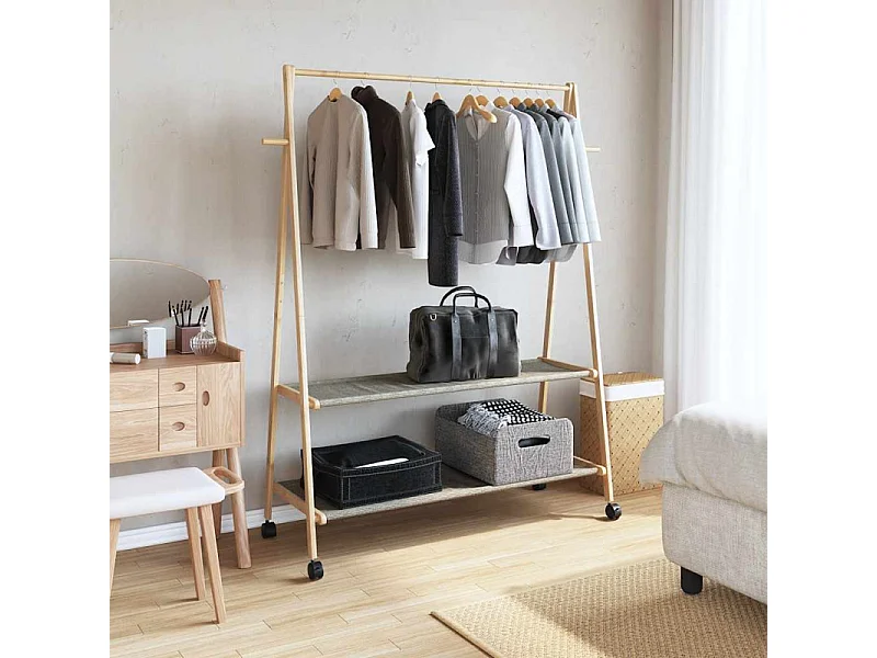 Porte vêtements et étagères roulettes 132x45,5x155,5cm bambou