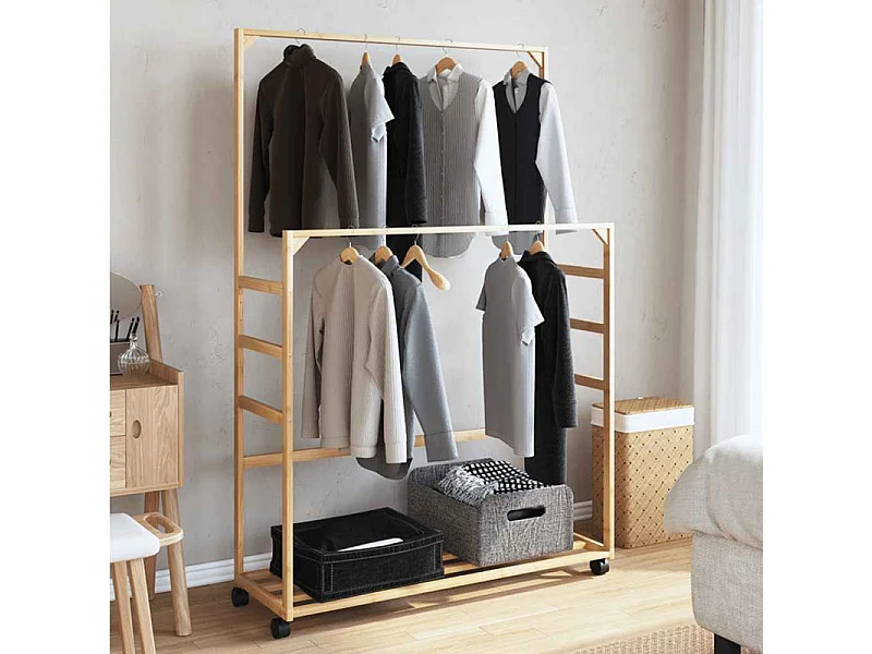 Porte vêtements et étagères et roulettes 90x35x155 cm bambou