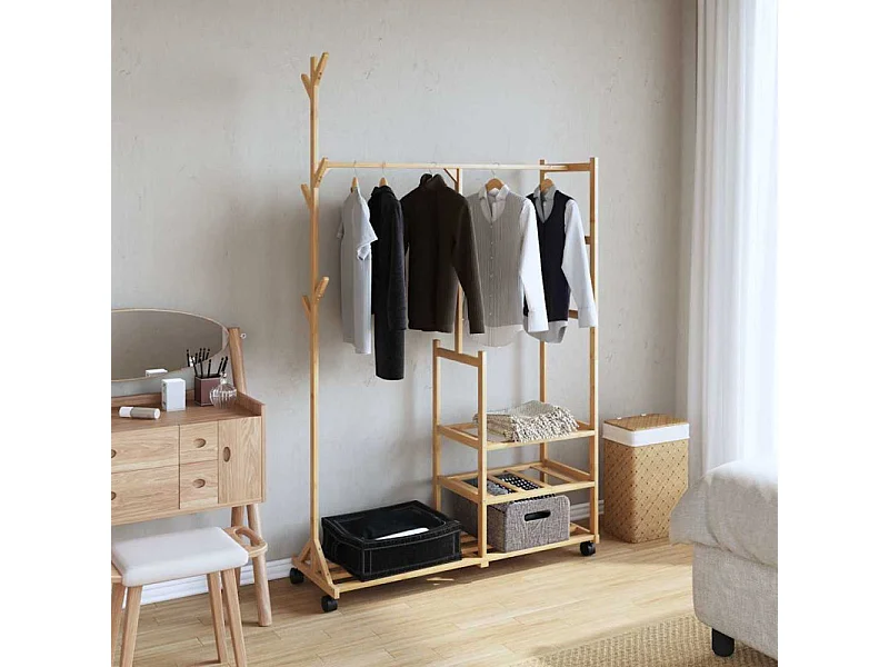Porte vêtements et étagères et roulettes 100x38x175,5cm bambou