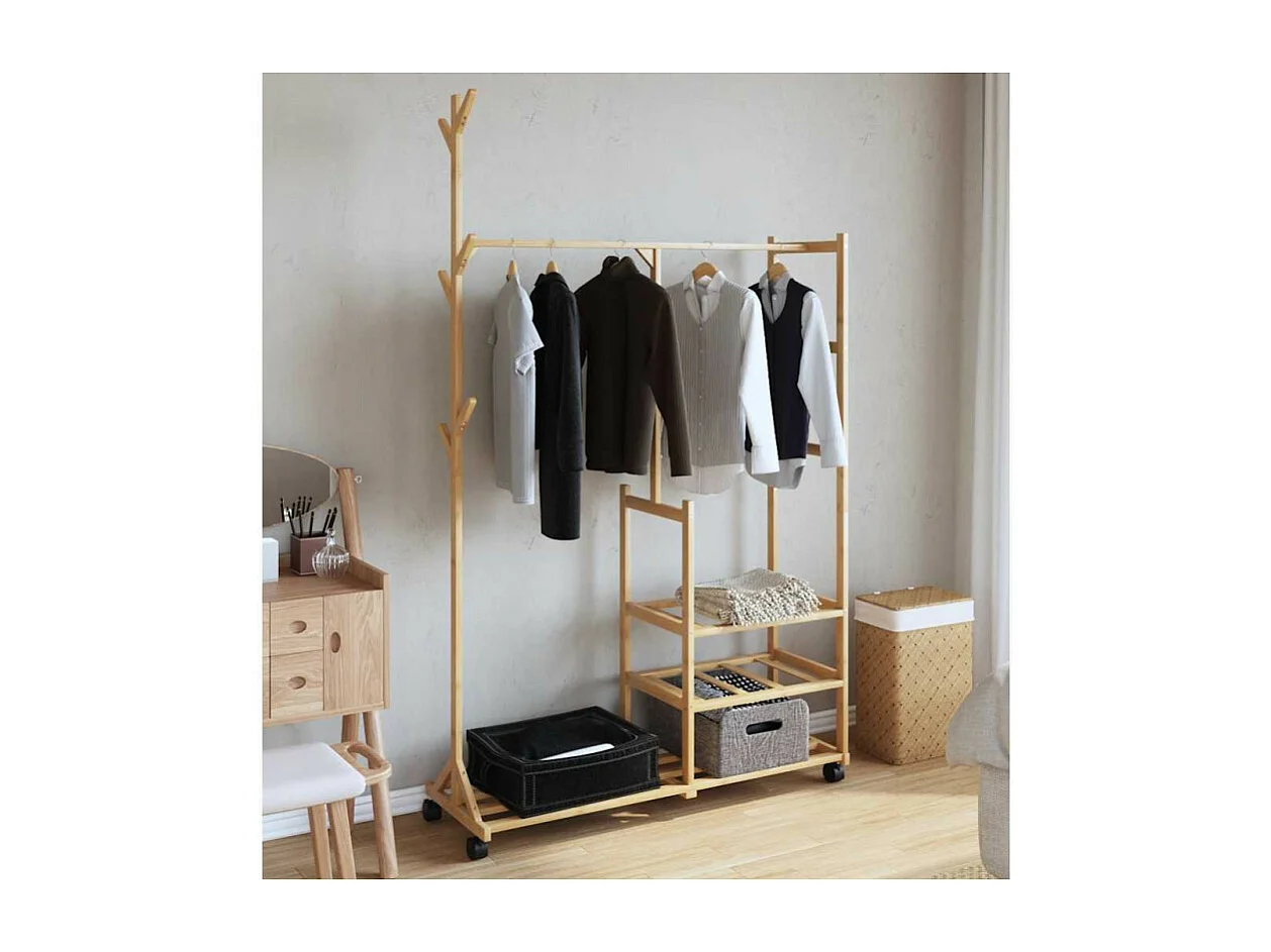 Porte vêtements et étagères et roulettes 100x38x175,5cm bambou