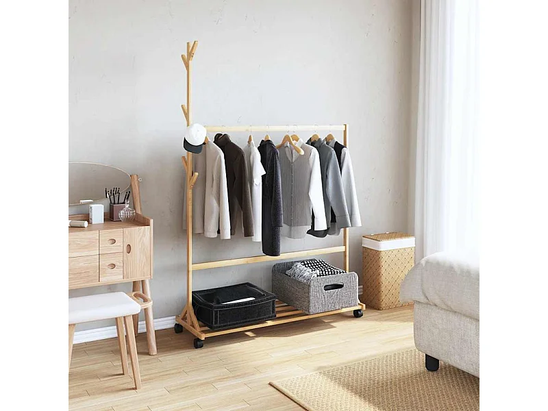 Porte vêtements avec crochets et roulettes 100x35x157 cm bambou
