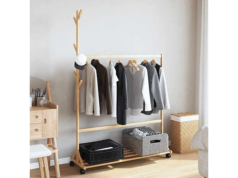 Porte vêtements avec crochets et roulettes 100x35x157 cm bambou