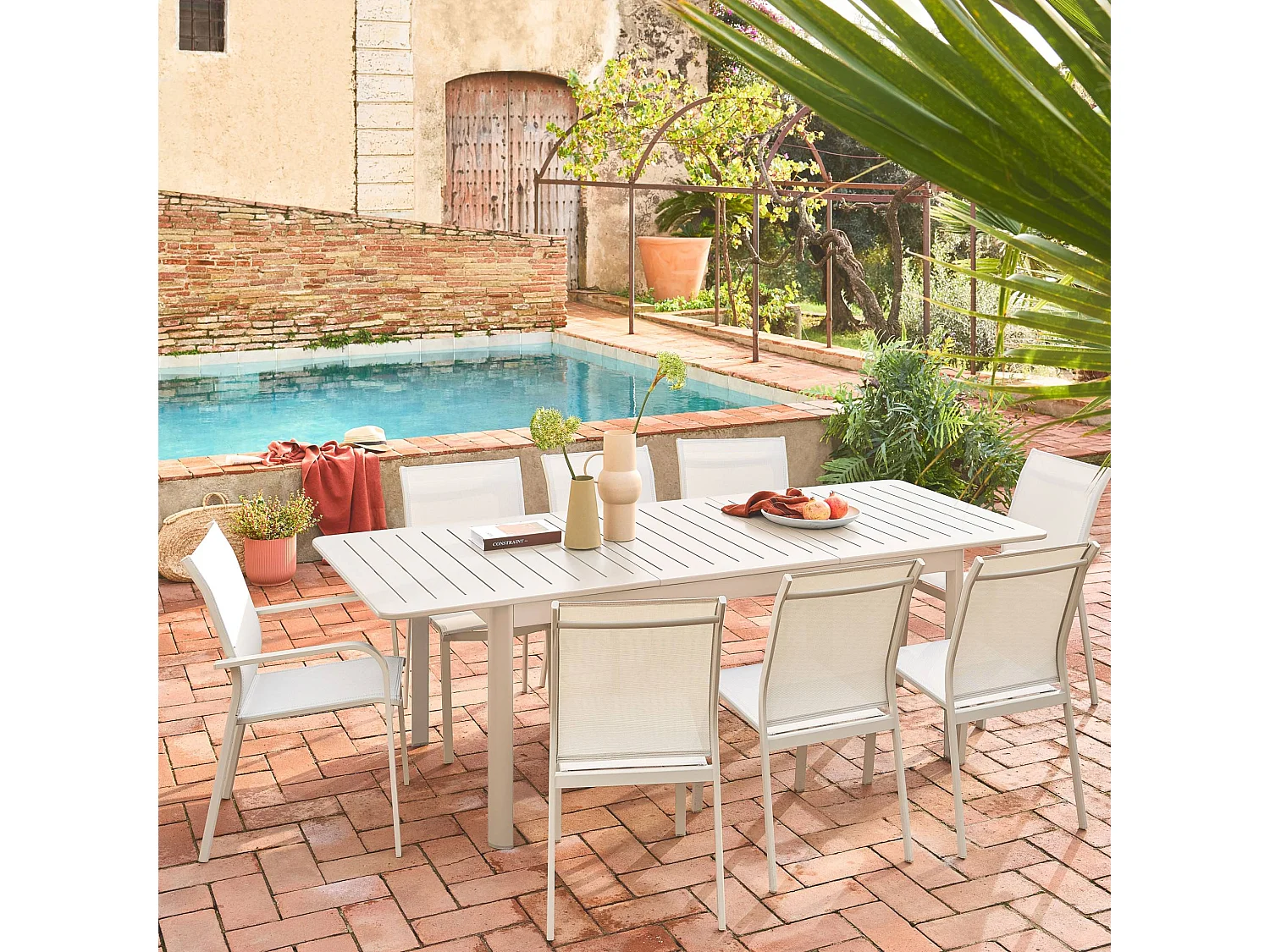 Silla de jardín apilable de aluminio y textilene, set de 2 beige