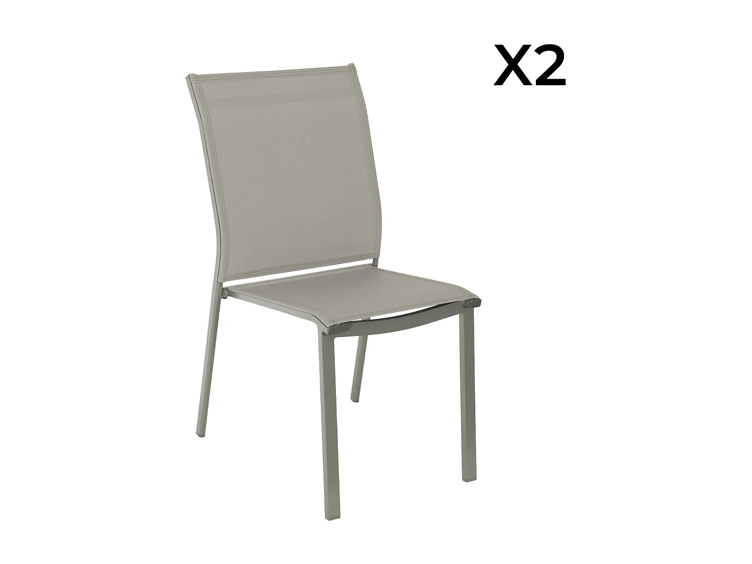 Lot de 2 chaises de jardin CLEVELAND empilables aluminium et textilene kaki. 64.5 x 45.5 x 89.5 cm