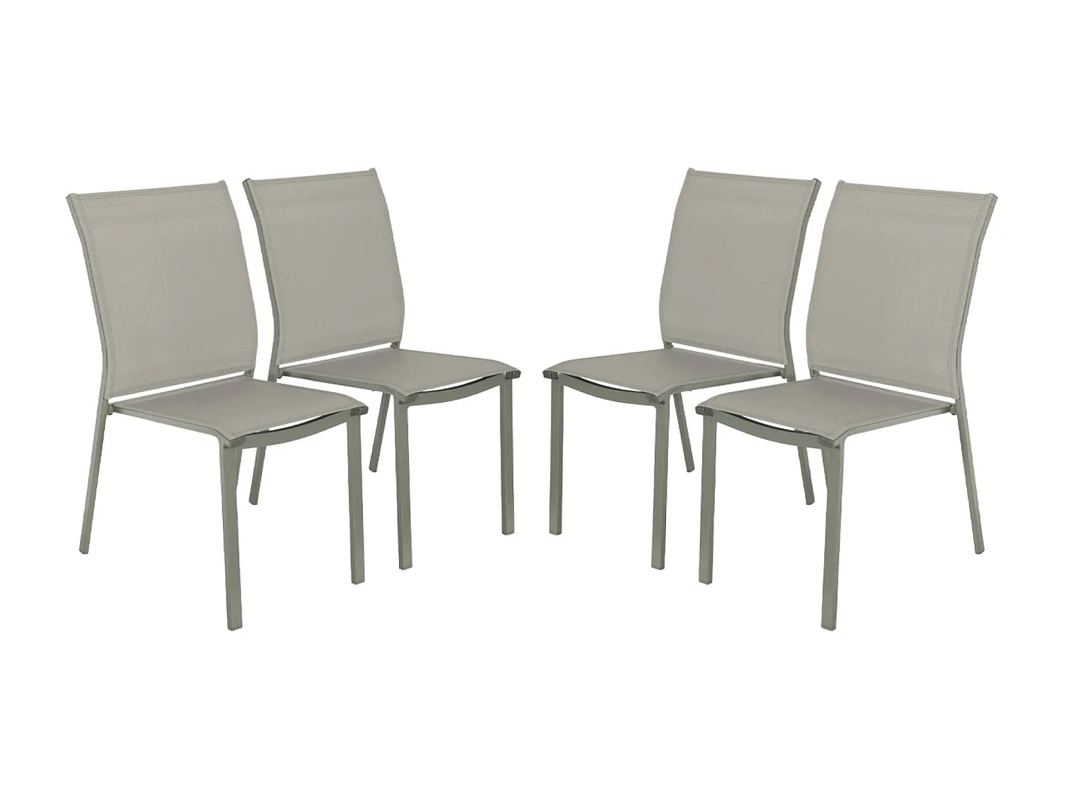 Lot de 4 chaises de jardin CLEVELAND empilables aluminium et textilene kaki. 64.5 x 45.5 x 89.5 cm