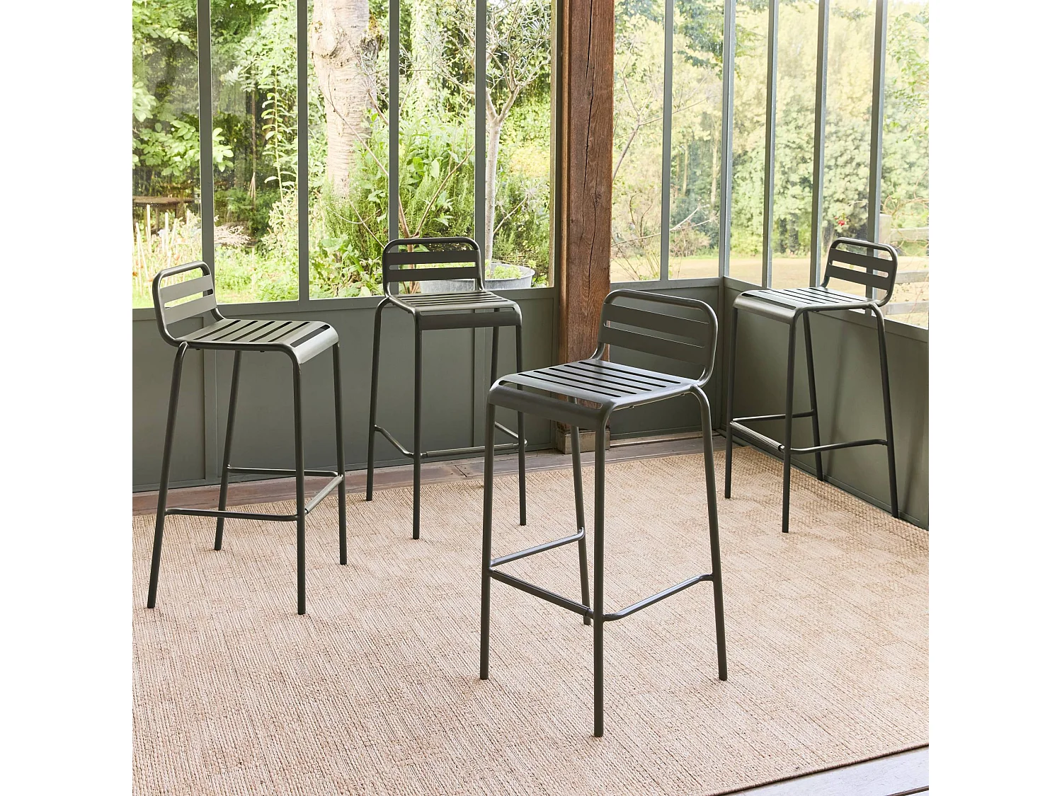 Taburete bistró de acero, set de 4 verde kaki