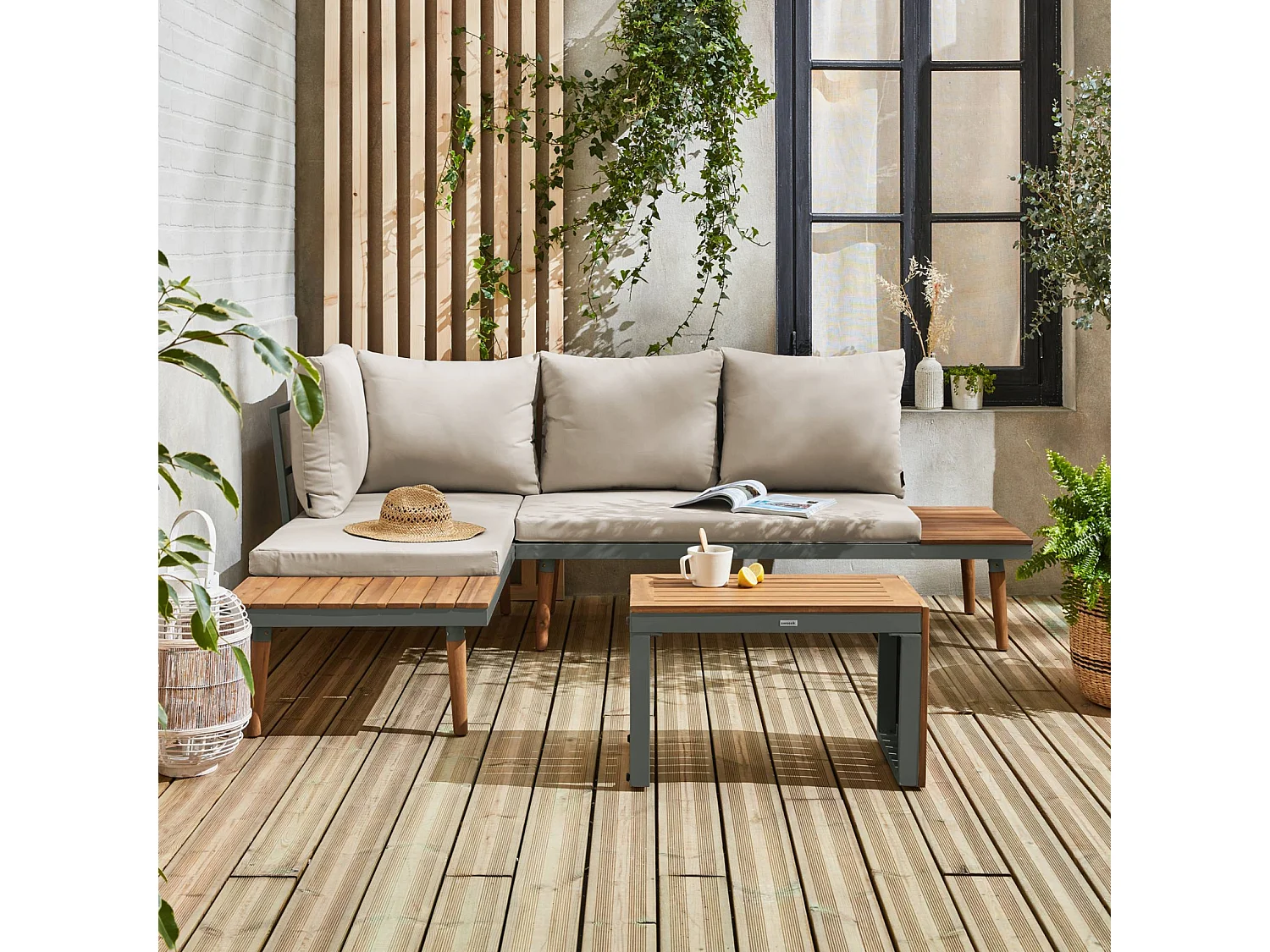 Salon de jardin kaki foncé. modulable en aluminium et bois d'acacia. 4 places. Sao Paulo.140 x 68 x 65cm